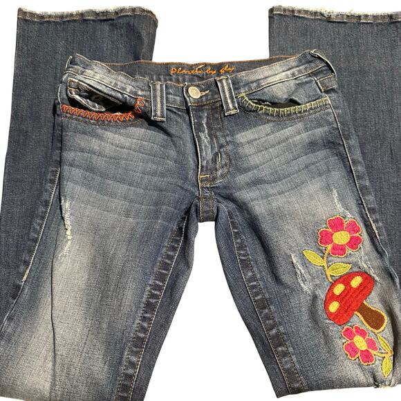 Plastic By Gly Mushroom Embroidered Bootcut Jeans, Boho, Juniors 9, Women's 31 - Picture 1 of 11